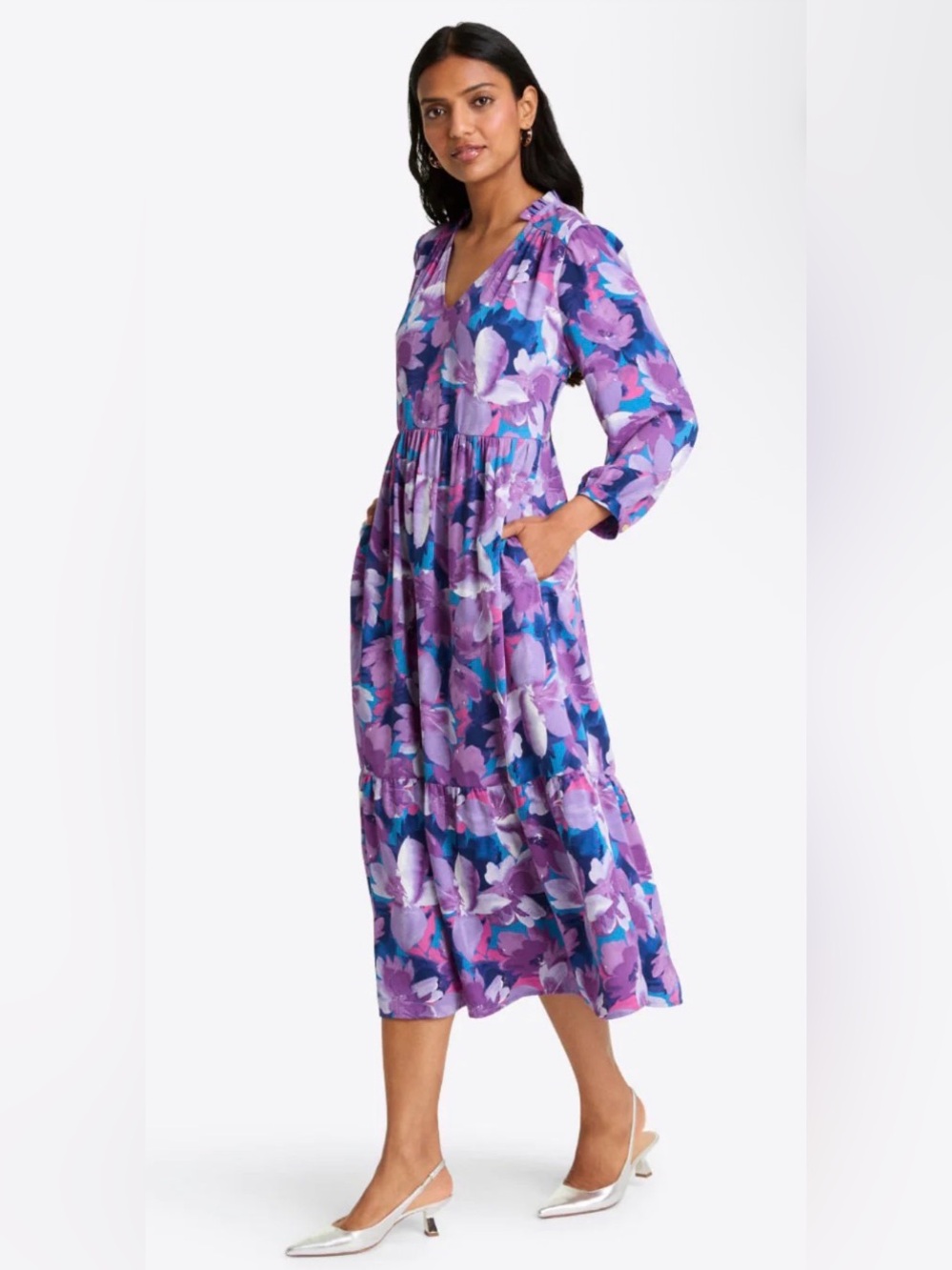 Draper James Purple Floral V-Neck Tiered Midi Dress